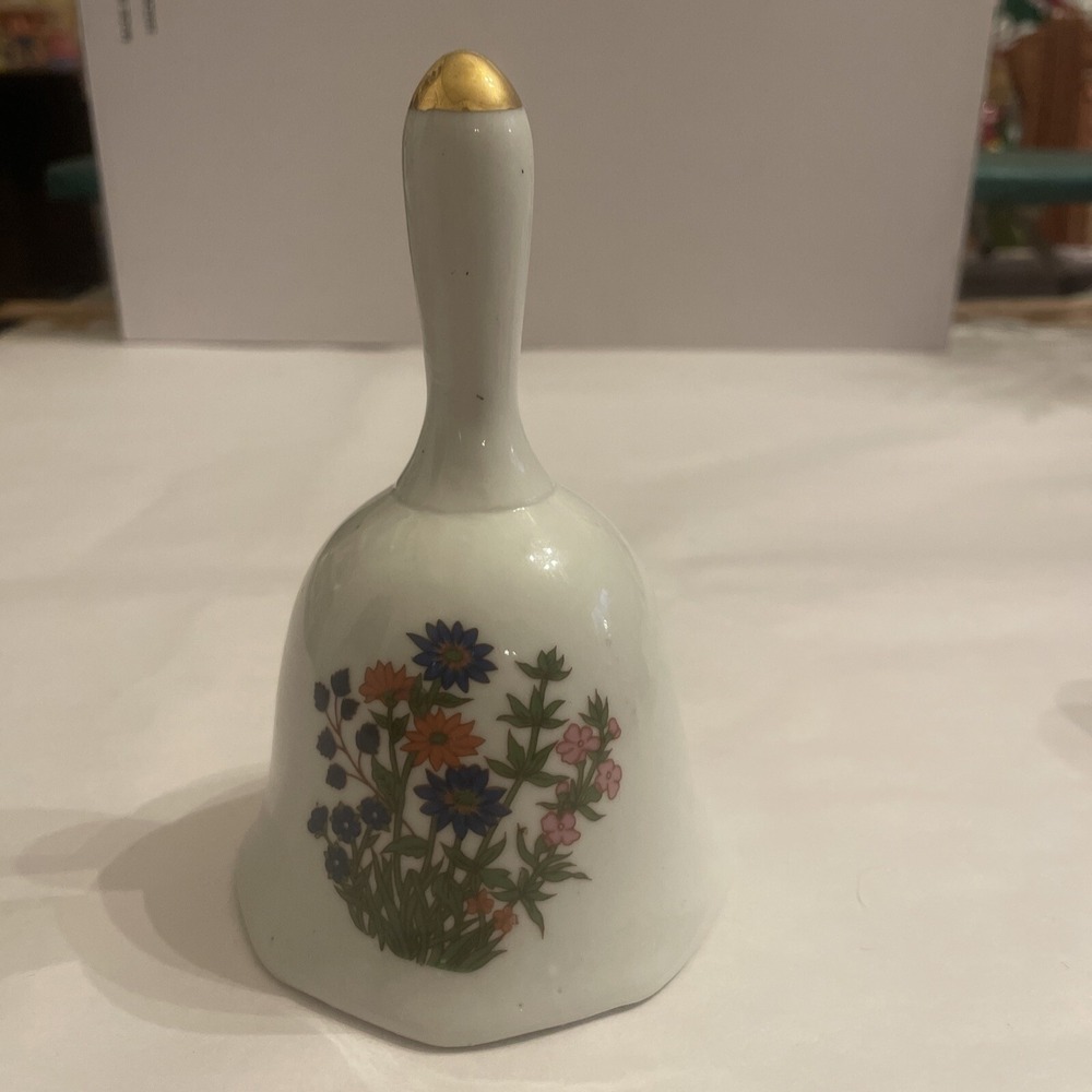 Vintage‎ Porcelain Floral Bell Gold Tipped Handle Butterfly Ceramic Spring Flora